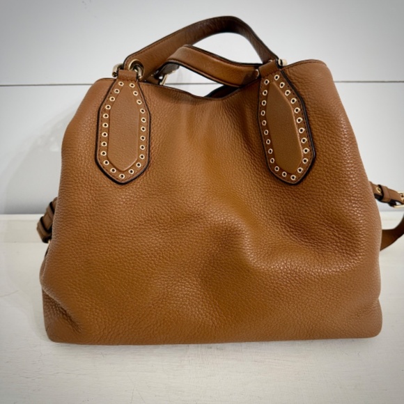 Michael Kors Brooklyn Leather Tassel Grommet Satchel Tote Bag Purse in Acorn - Picture 4 of 16